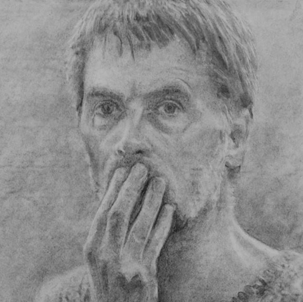 Black and white drawing of a man covering his mouth, by Alan Stones