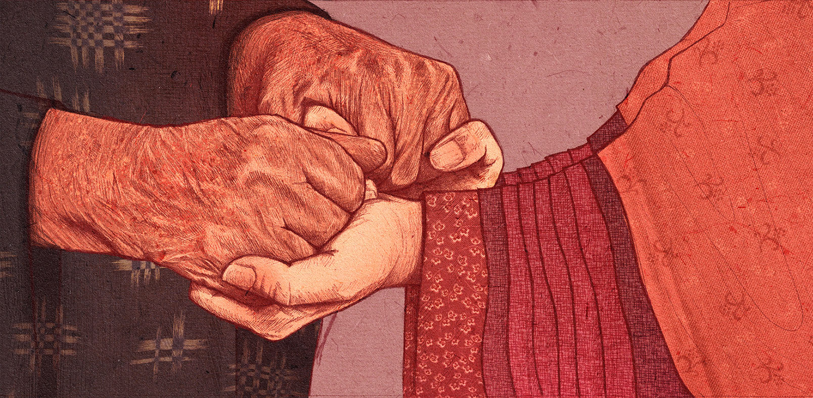 An illustration of two people holding hands. An illustration of two people holding hands.