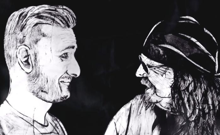 An illustration of two men looking at eachother.