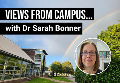 Brampton Road campus with a rainbow, showing Sarah Bonner in a circle
