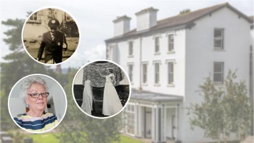 A white building in the background and three images of people in circles