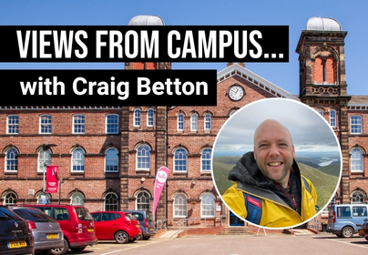 Fusehill Street campus with an image of a man in a yellow coat