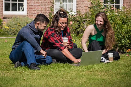 University students seating on grass studying