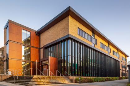 Large glass and brick building