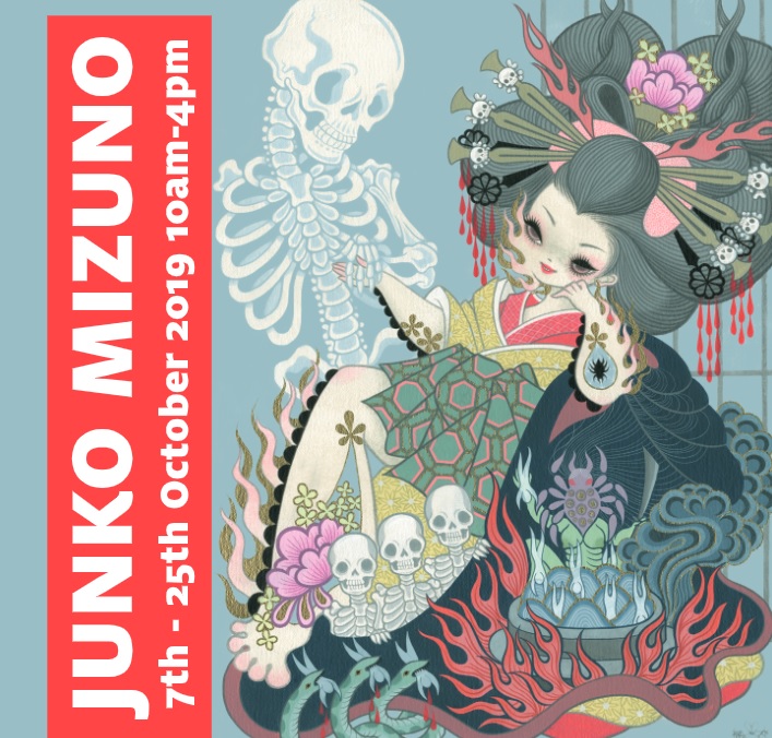 Junko Mizuno Social Banner, Junko Mizuno - Jigoku Dayu 2013, cartoon womaan smiling and holding hands with a skeleton on a blue background