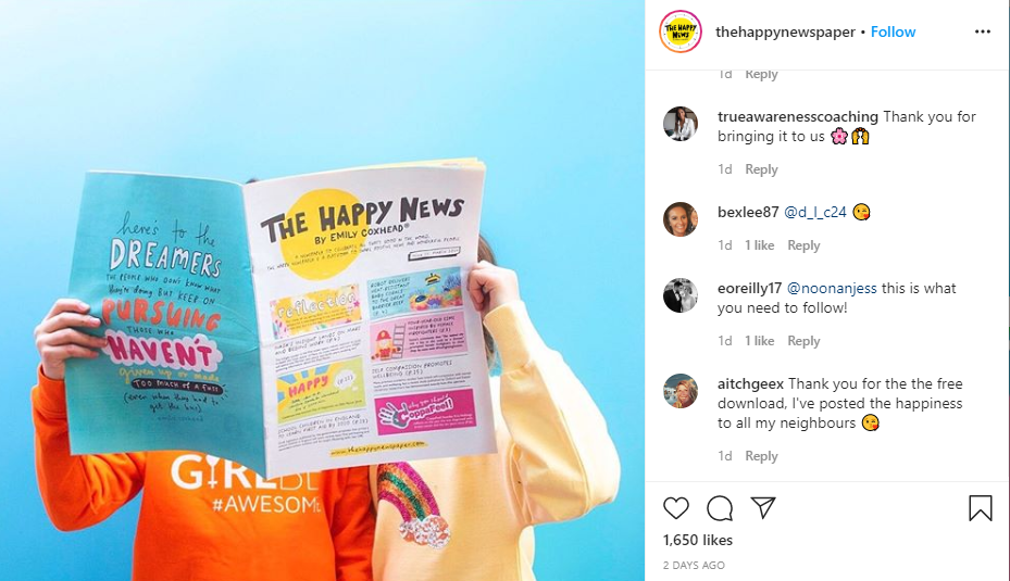 The Happy Newspaper, Screenshot of the happy newspaper instagram