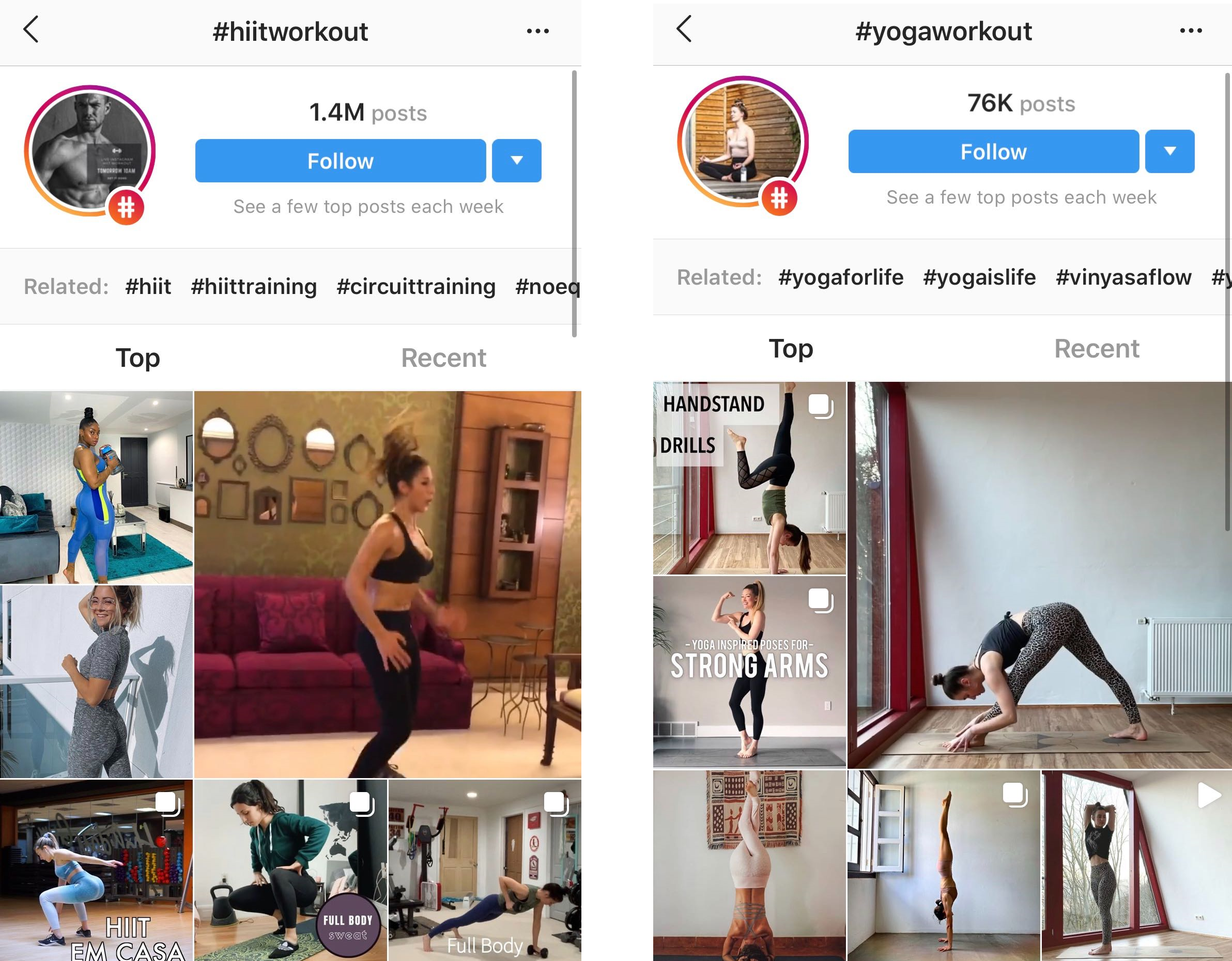 Workout Feeds, screenshot of workout feeds on Instagram