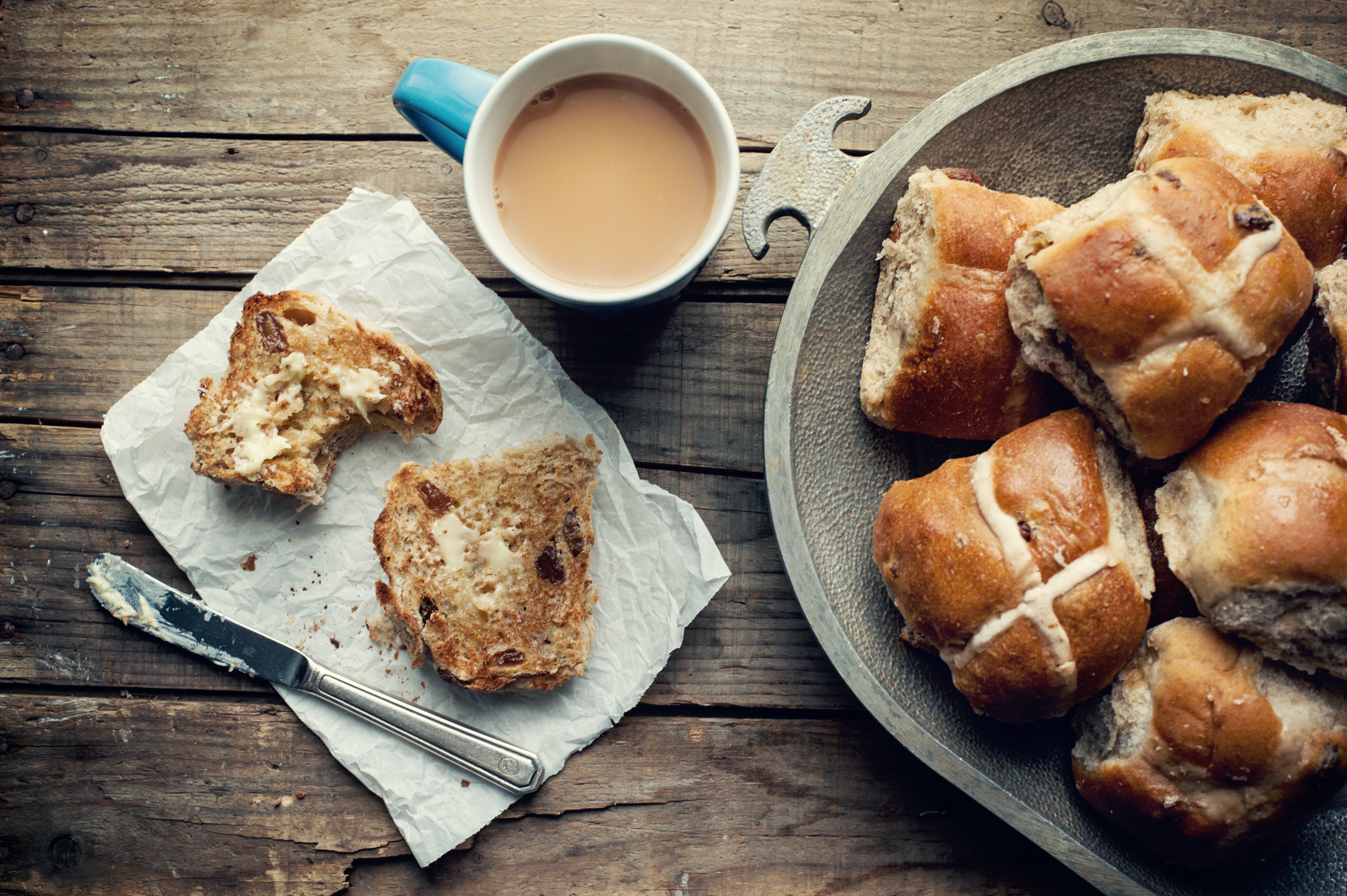 Easter Hot Cross Buns, hot cross bun and cup of tea