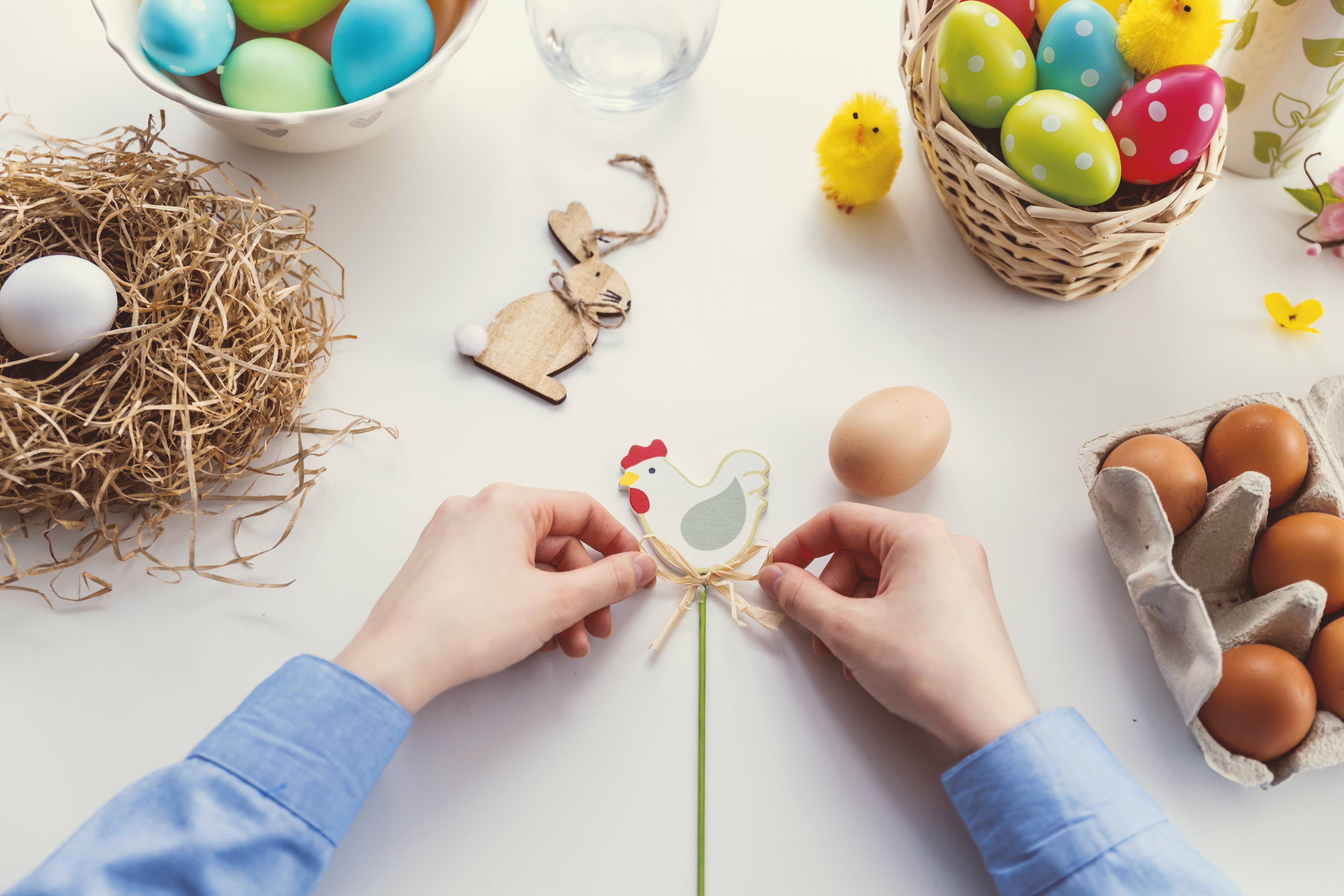 Easter Decorations, close up of chicken and Easter decorations