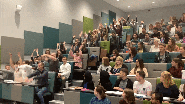 Primary PGCE students on the first day of their course doing a Mexican wave