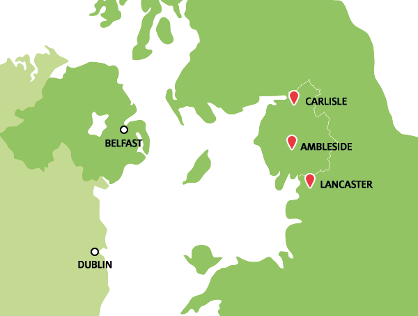 UK map showing campuses in Carlisle, Ambleside and Lancaster