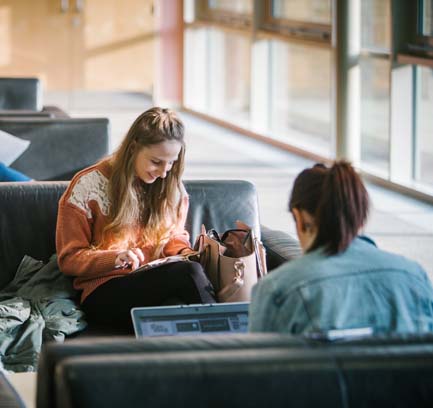 Two female students facing each other on a pair of couches while studying in a large, bright room with many windows.