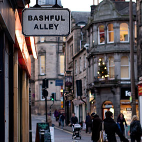 View of people walking down a Lancaster street