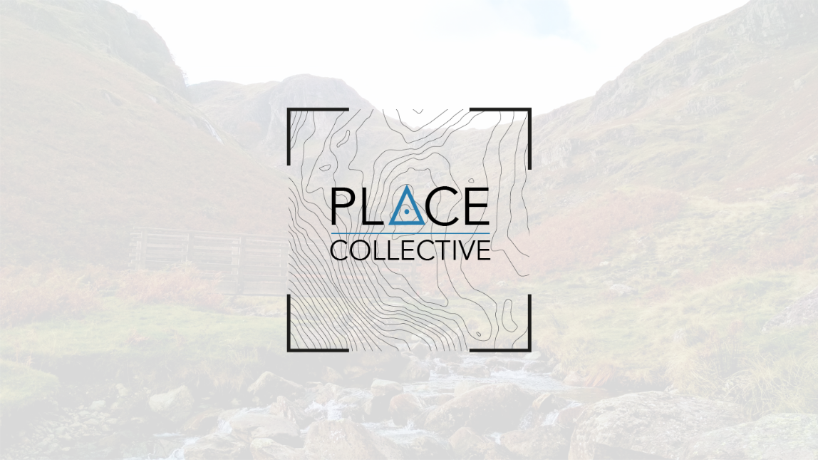 The PLACE Collective Logo, Lake District fells behind. 