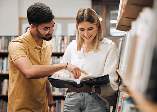 Library research, reading and students with a book