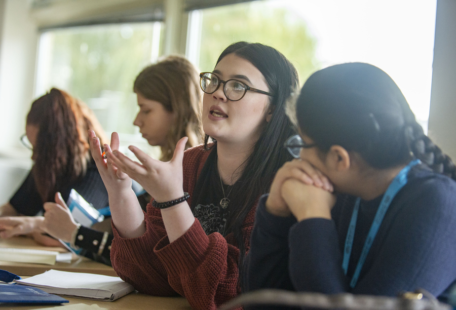 A student explaining a concept to a fellow classmate