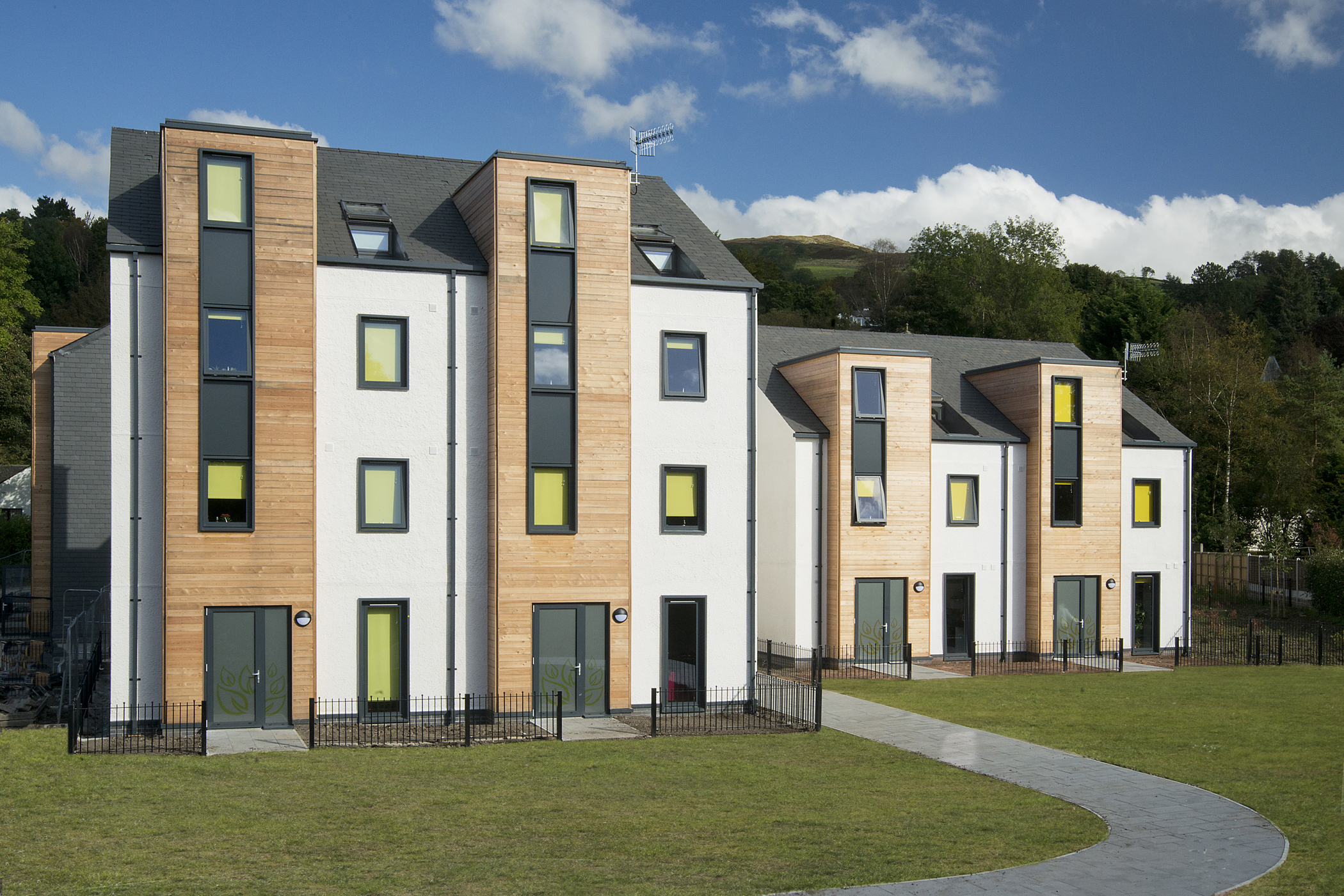 Wood accented accommodation buildings.