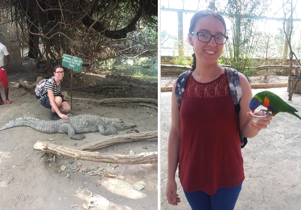 Sophie with a crocodile and an exotic bird