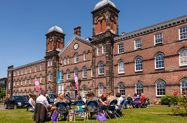 Students sitting outside a building