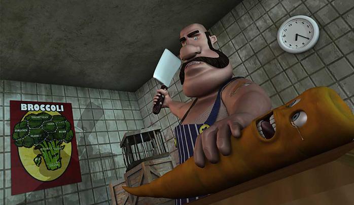 An in-game shot of a butcher about to chop a carrot. 