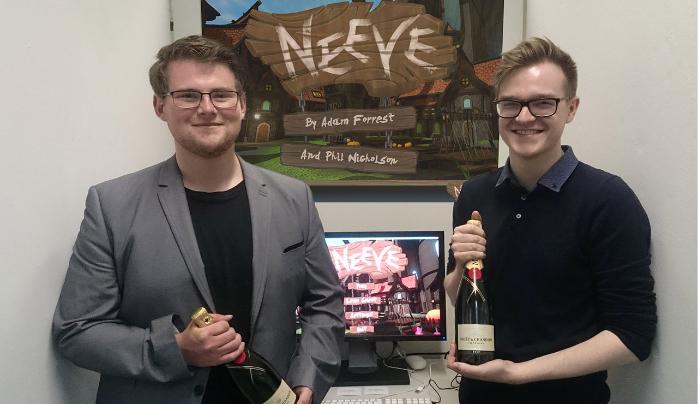 Winners of Game Jam holding champagne. Winners of Game Jam holding champagne.