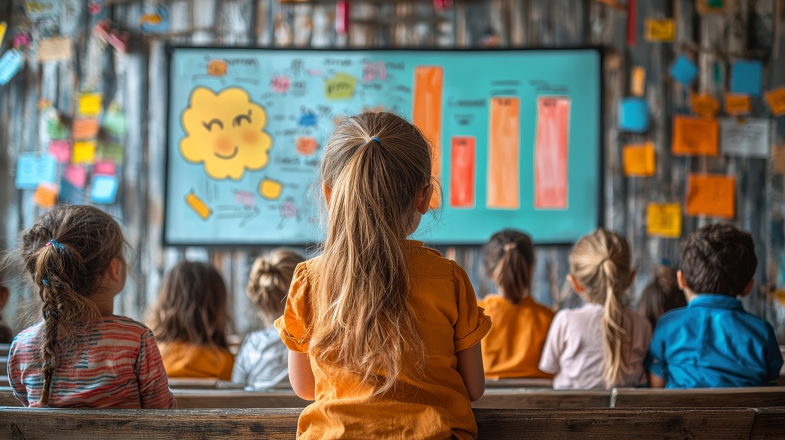 A young girl looking at a whiteboard