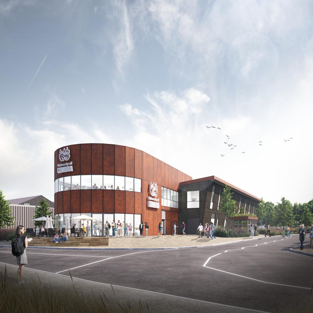 3D render of the Barrow Learning Quarter from a birds-eye perspective of the front of the building.