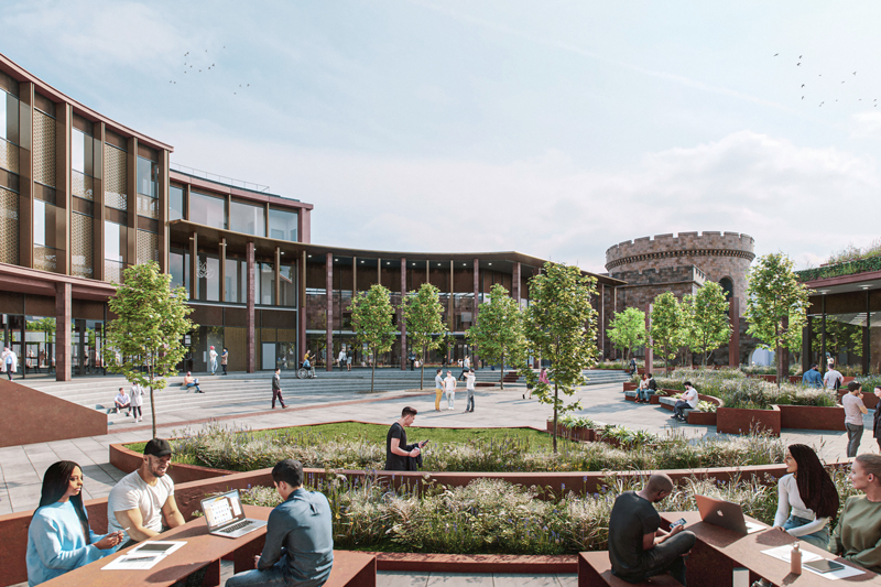 3D render of the Carlisle Citadels campus from the viewpoint of the outside courtyard. Students sit on benches. Some are working on laptops