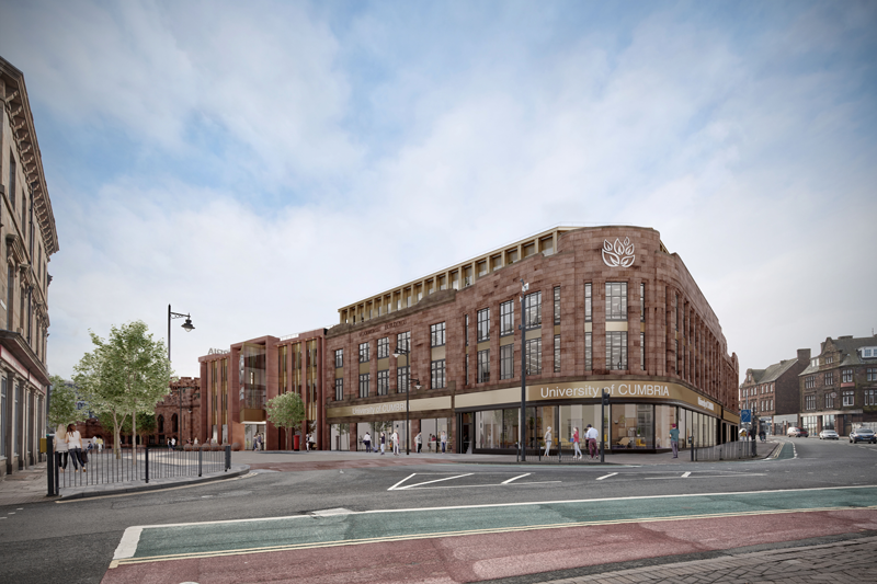 3D render of the Carlisle Citadels campus from the viewpoint of a nearby road crossing at street level