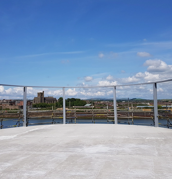 View from the roof of the University of Cumbria Barrow campus being constructed in July 2024